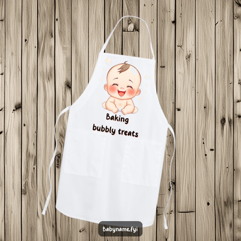 Funny apron designed with a giggling baby covered in bubbles, perfect for parents during playful bath times.