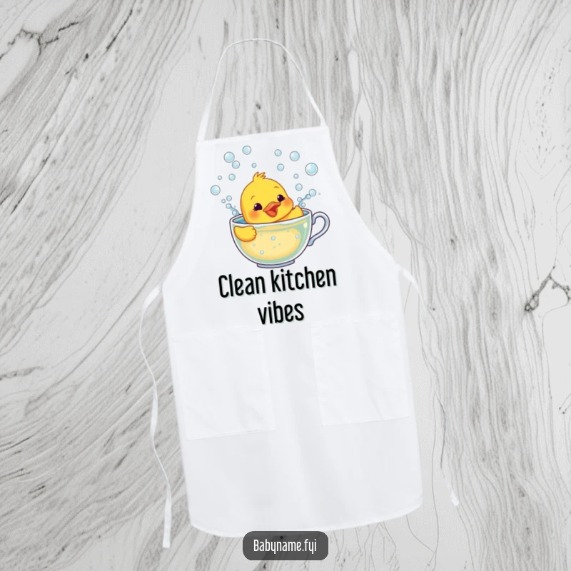 Funny apron with a smiling rubber ducky character frantically swimming in a teacup full of bubbles, perfect for messy activities.