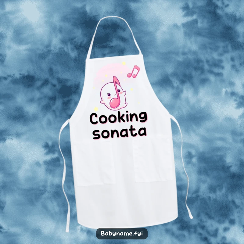 Funny lullaby musical note apron, floating gently upward, adding a sweet and humorous touch to the kitchen.
