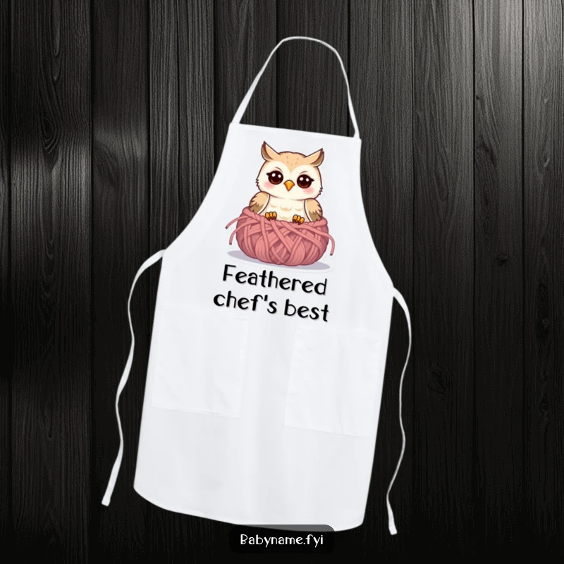 Funny baby owl apron with a cute owlet peeking from a knitted nest, ideal for kitchen fun and protection.