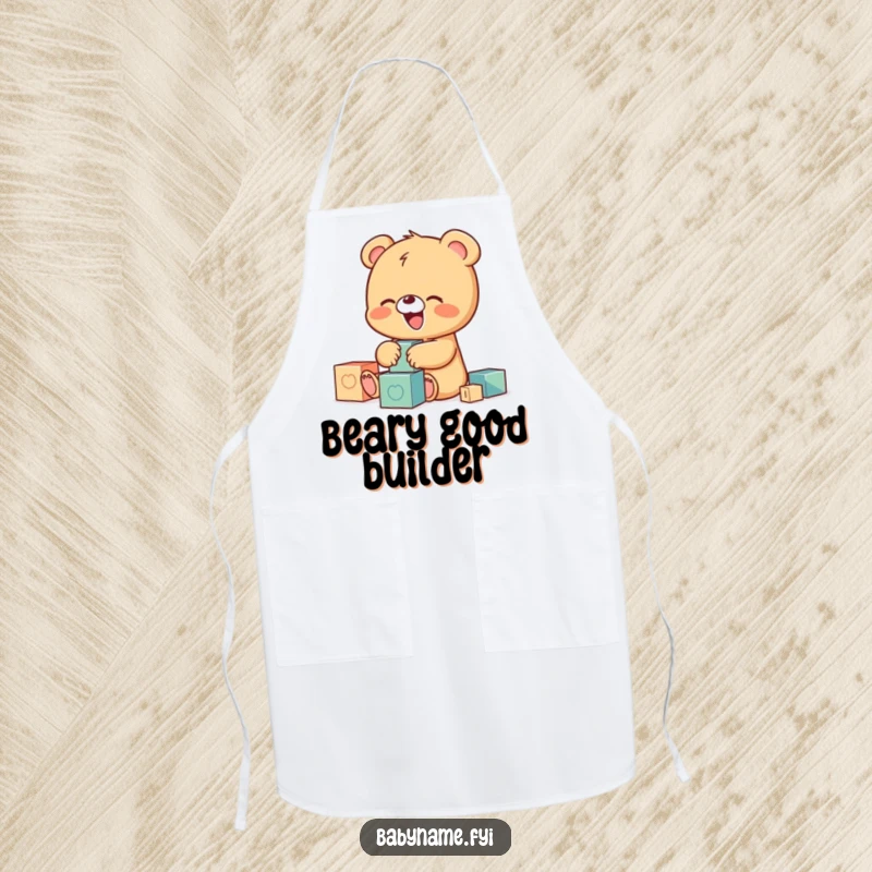 Funny apron featuring a tiny baby bear character giggling while playing with building blocks, perfect for cooks who enjoy playful designs.