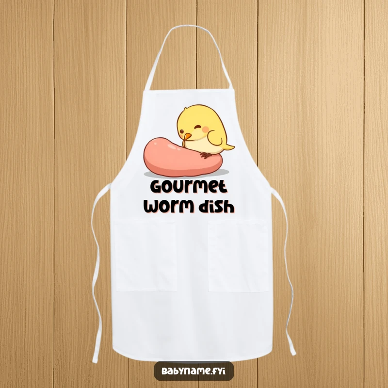 Funny apron featuring a small, plump baby bird character pecking at a giant worm, perfect for chefs or bakers with a sense of humor.