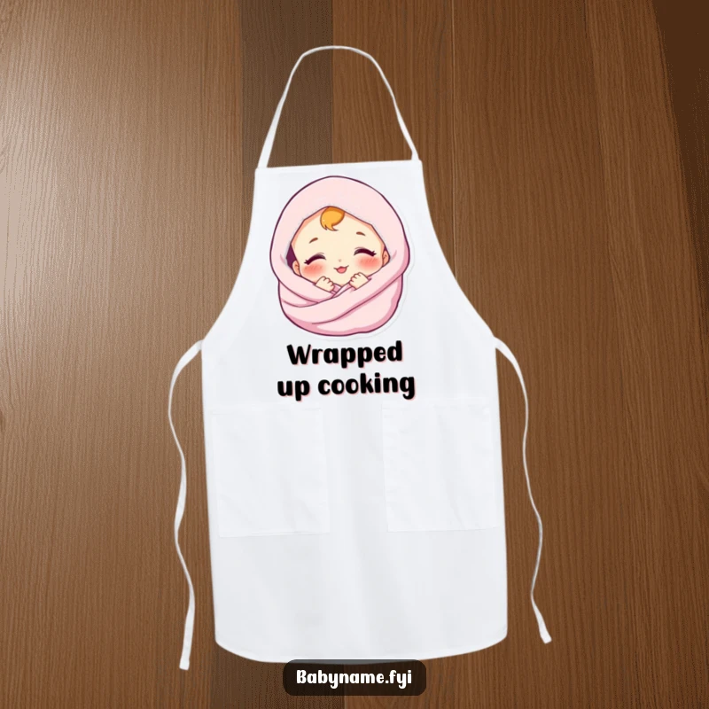 Funny apron showing a content baby smiling, wrapped in a soft blanket. Comforting and practical kitchen wear.