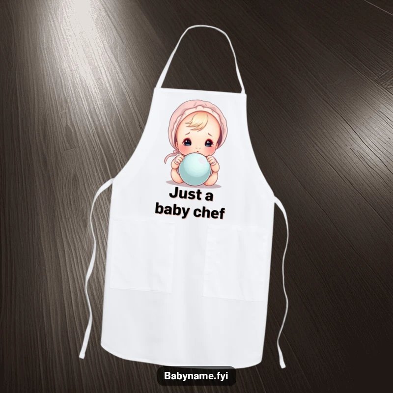Funny baby in bonnet peeking over a rattle, a cheerful and funny apron for kitchen fun.