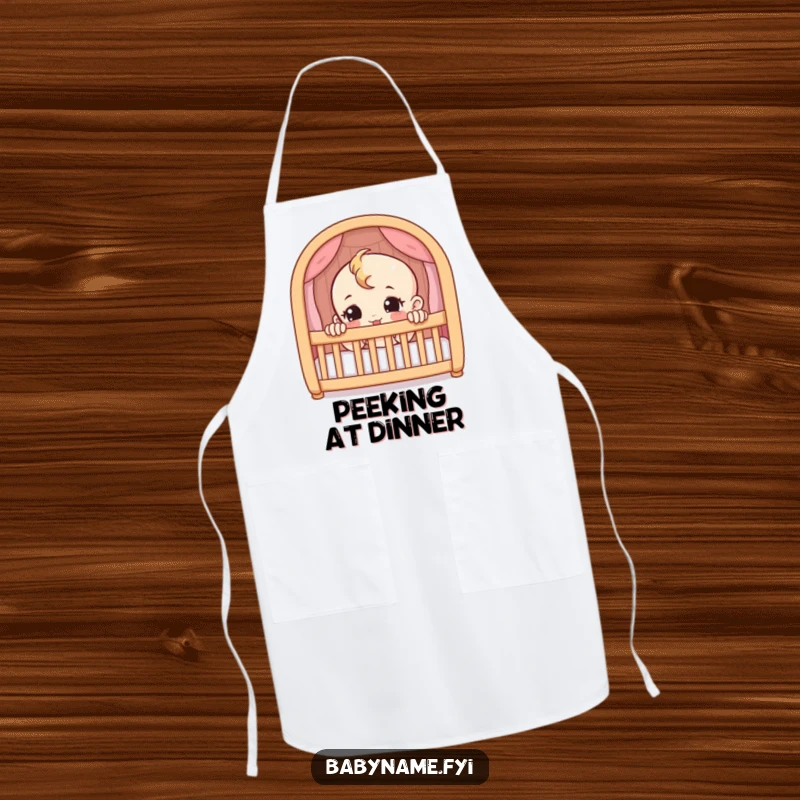 Funny apron showing a mischievous baby character peeking from a crib. Humorous and practical kitchen wear.