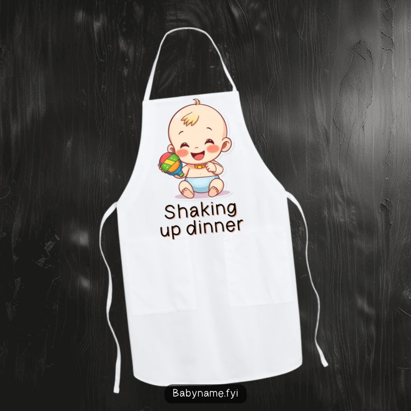 Funny apron showing a happy baby character shaking a colorful rattle. Humorous and practical kitchen wear.