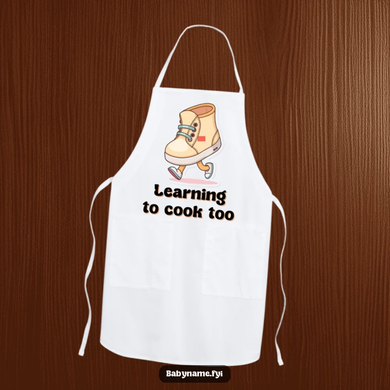 Funny baby shoe character comically trying to walk with wobbly steps, featured on a humorous and practical kitchen apron.