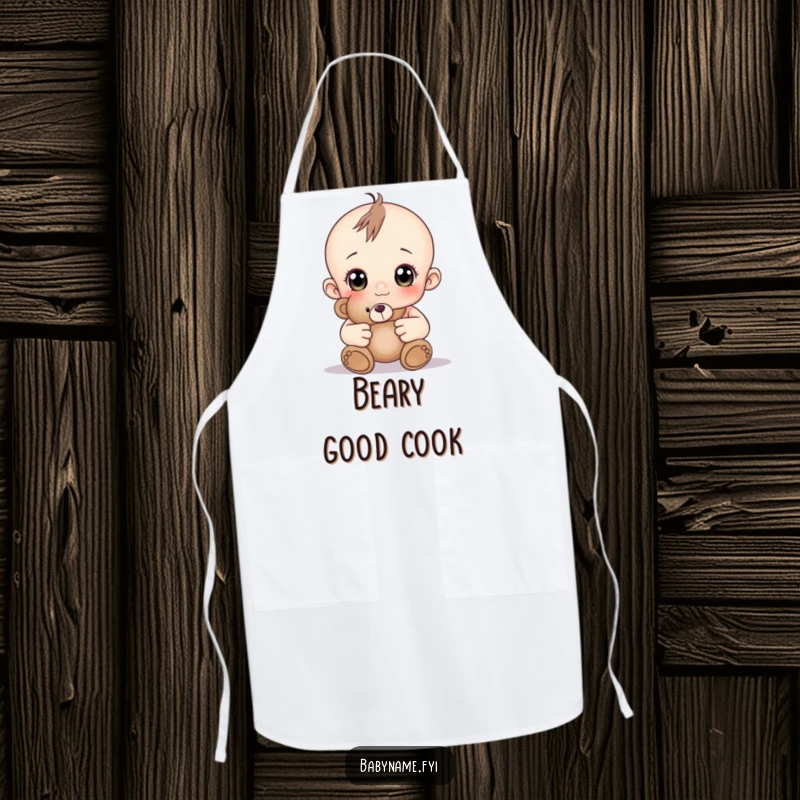 Funny baby with curious eyes holding a soft teddy bear, a cute and funny apron.