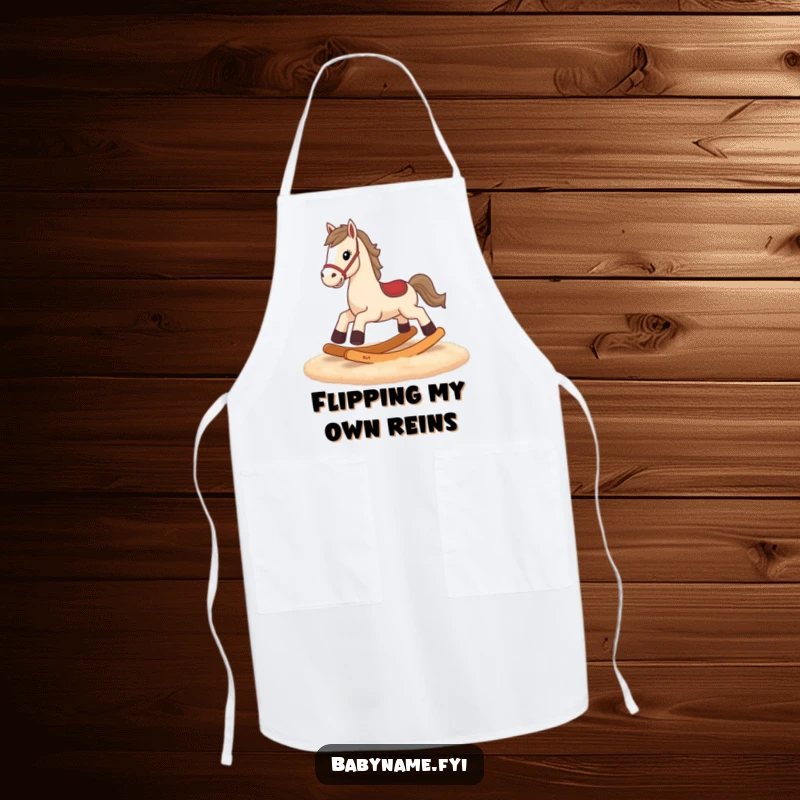 Funny rocking horse apron, kitchen wear with tiny legs galloping, showing humorous effort in cooking.