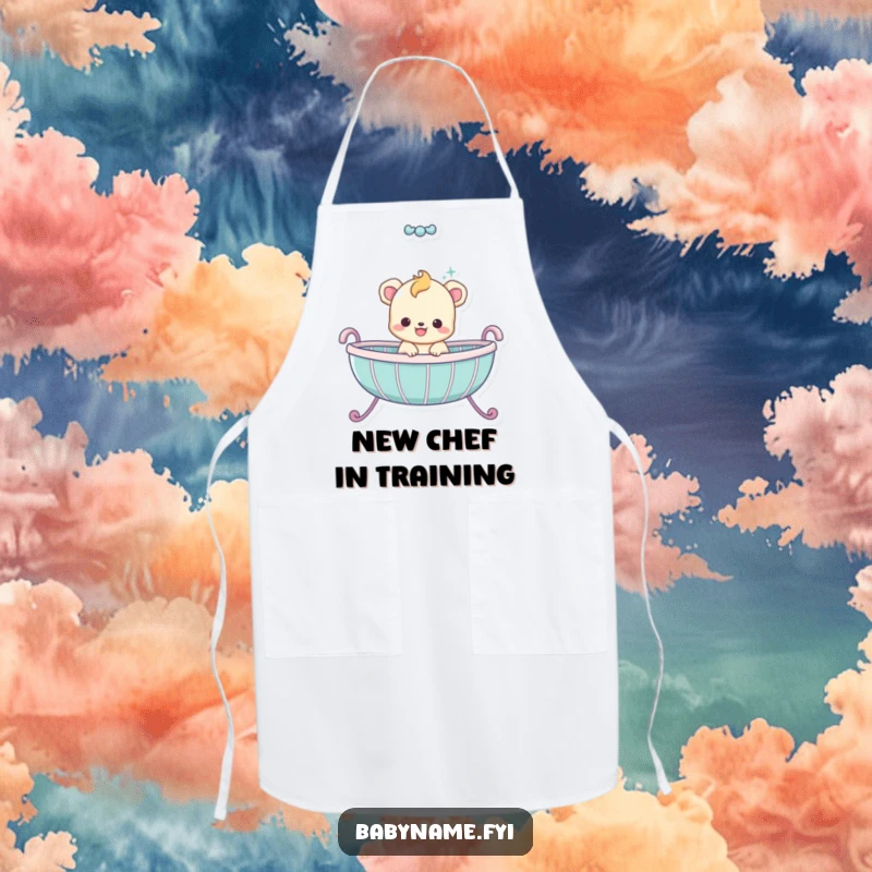 Funny baby animal character mid-bounce inside a cradle, a joyous and energetic scene on a chef's funny apron.