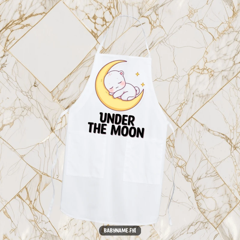 Funny apron featuring a sleepy baby animal character snuggled in a crescent moon, perfect for cooks who enjoy a calm and whimsical atmosphere.