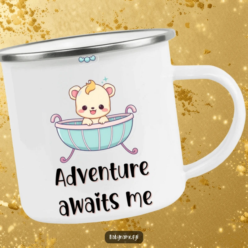 Funny baby animal character bouncing with glee in a cradle, rugged funny camping mug for outdoor enthusiasts.