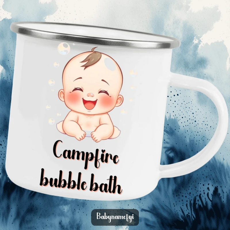 Funny camping mug illustrating a baby giggling in bath bubbles, for parents who love fun outdoor times.
