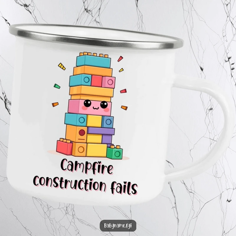 Funny confused building blocks enamel camp mug, durable outdoor ware with blocks trying to build themselves, humorous theme.