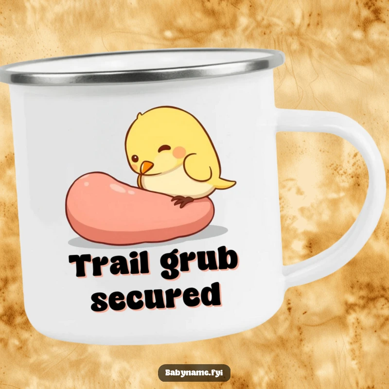 Funny camping mug featuring a plump baby bird character pecking at a giant worm, perfect for enjoying drinks during outdoor activities.