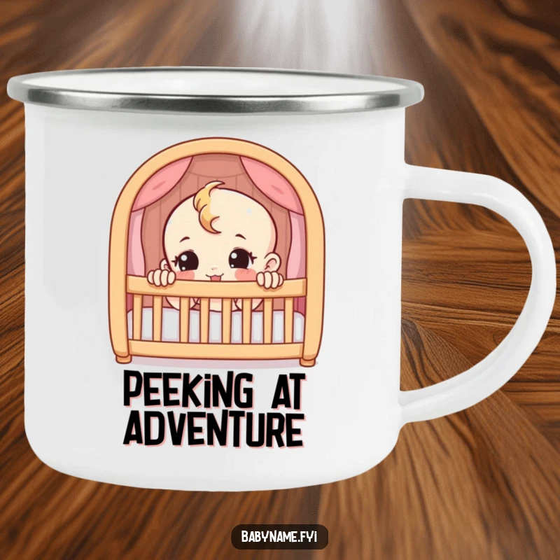Funny camping mug featuring a mischievous baby character peeking from a crib. Durable and humorous for outdoor use.