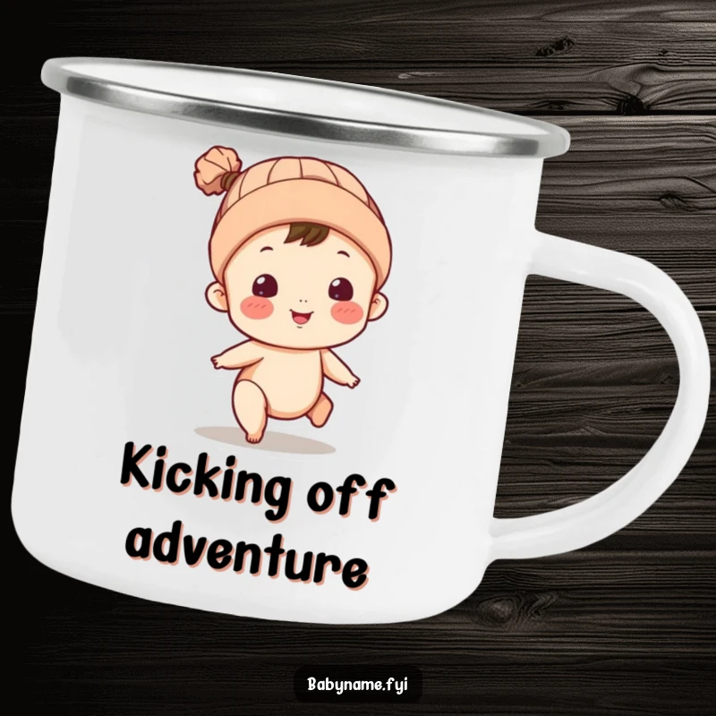 Funny camping mug featuring a baby character in a cap, kicking legs. Durable and humorous for outdoor use.