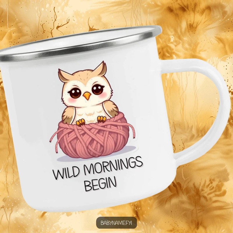 Funny baby owl camping mug with a cute owlet in a knitted nest, designed for rugged charm and warm drinks.