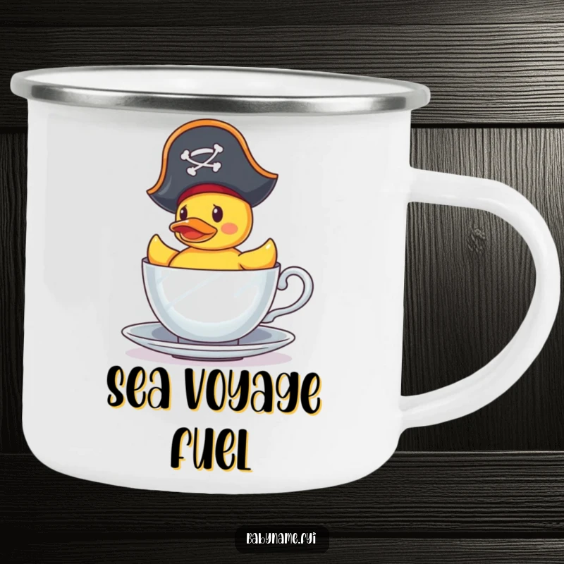Funny Camping Mug: A tiny pirate rubber duck sails a teacup, bringing humorous nautical charm to your outdoor adventures and campfire stories.