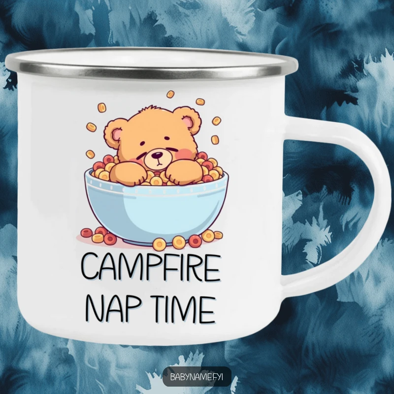 Funny camping mug with a chubby teddy bear character attempting to nap inside a giant, overflowing bowl of cereal.