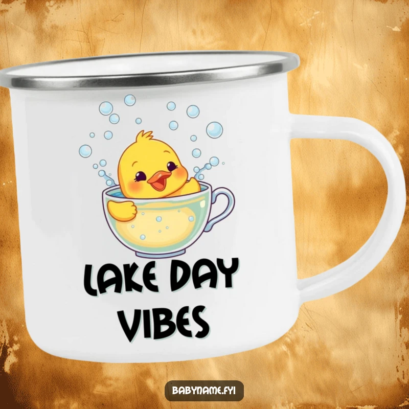 Funny camping mug with a smiling rubber ducky character frantically swimming in a teacup full of bubbles.