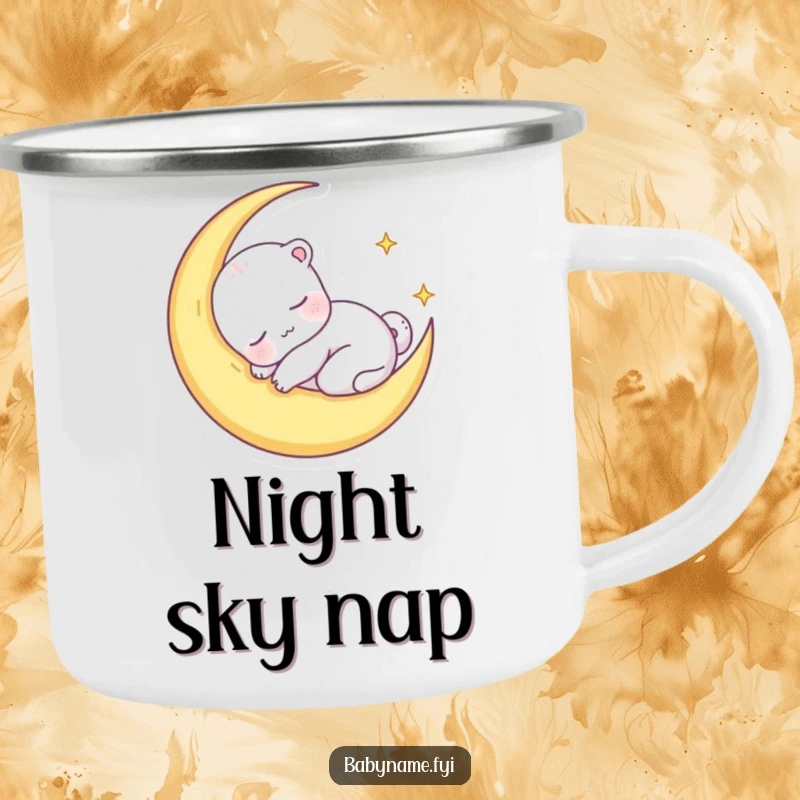 Funny camping mug featuring a sleepy baby animal character snuggled in a crescent moon, perfect for enjoying beverages during peaceful outdoor moments.