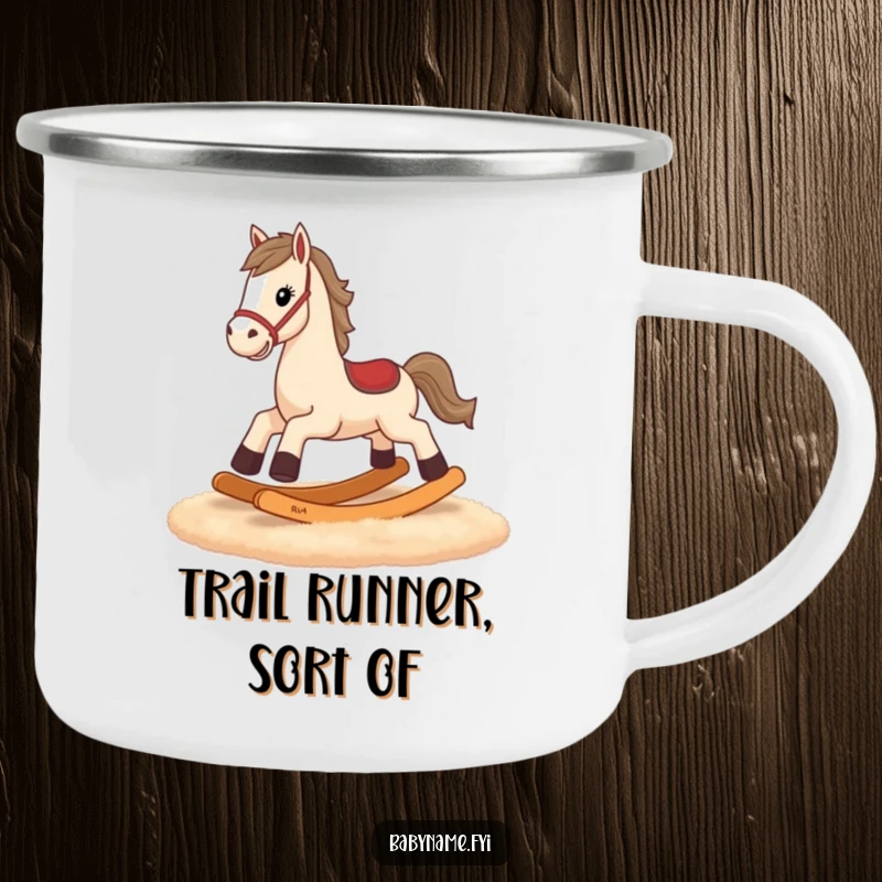 Funny rocking horse enamel camp mug, durable outdoor ware with tiny legs galloping, humorous adventure theme.