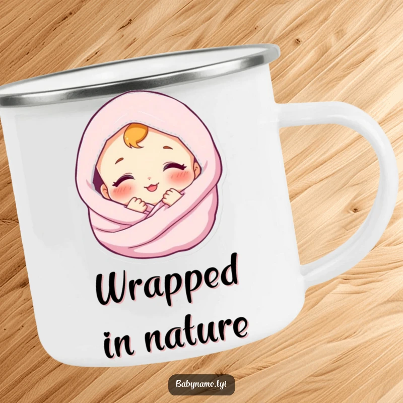 Funny camping mug featuring a content baby smiling, wrapped in a soft blanket. Durable and peaceful for outdoors.