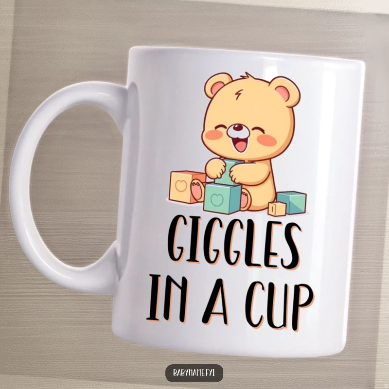 Funny mug showing a tiny, happy baby bear character erupting in giggles while stacked colorful building blocks around it, capturing pure joy.