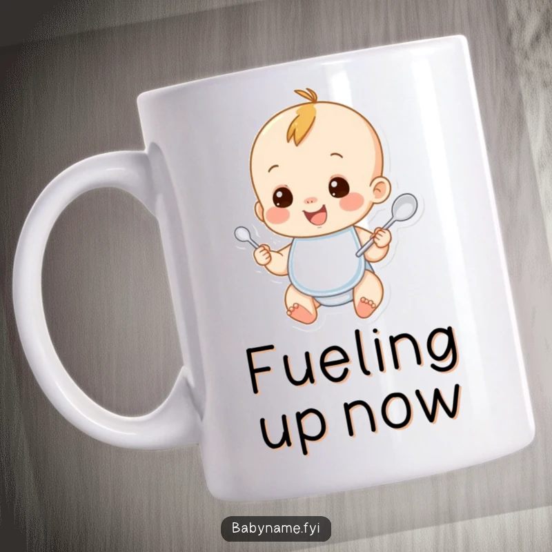 Funny smiling baby character wearing a bib and holding a spoon on a mug, showcasing a happy little eater. A humorous gift for parents.