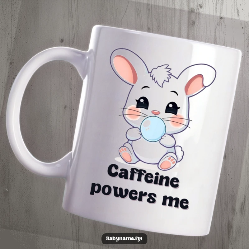 Funny cheeky baby bunny wearing a pacifier, caught mid-giggle while bouncing, full of mischievous joy on this mug.