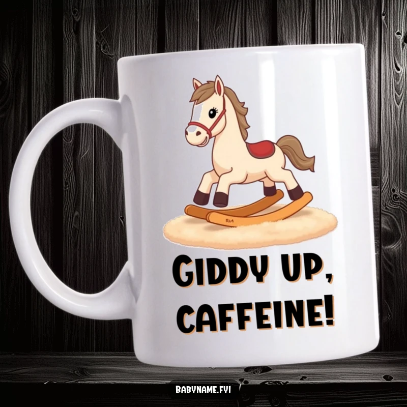 Funny rocking horse mug, tiny legs determined to gallop across a rug, expressing perseverance and humor.