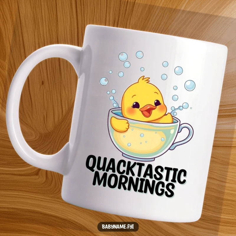 Funny mug with a smiling rubber ducky character frantically trying to swim within a teacup filled with bubbles.