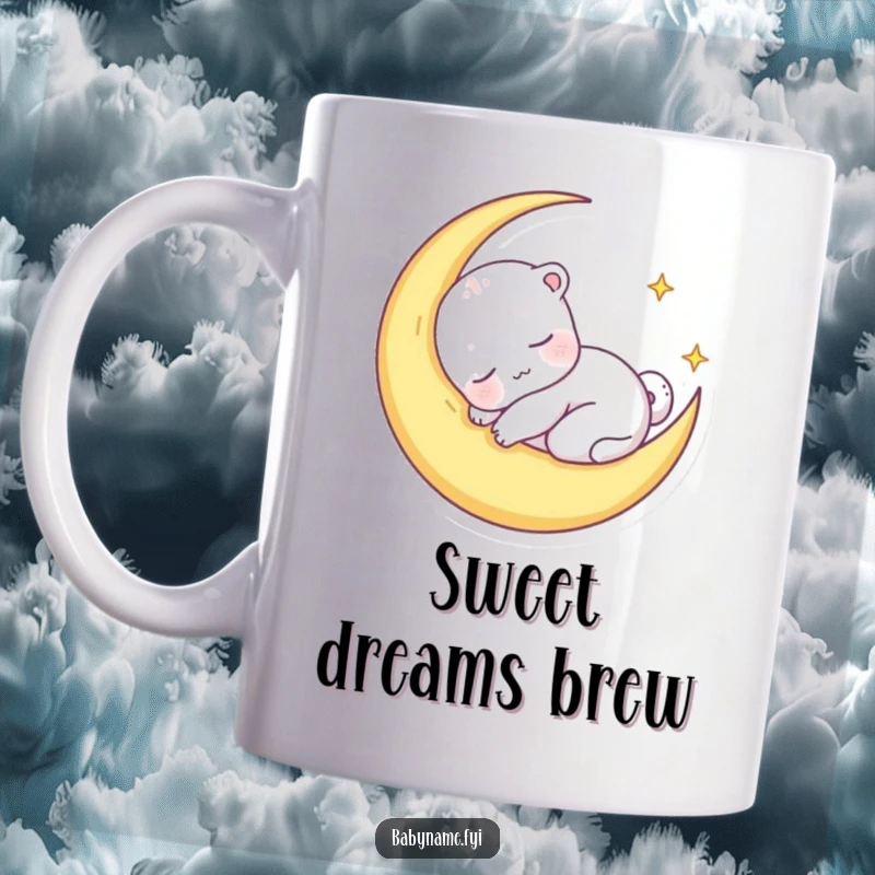Funny mug depicting a cute, sleepy baby animal character peacefully snuggled within the curve of a gentle crescent moon, evoking tranquility.