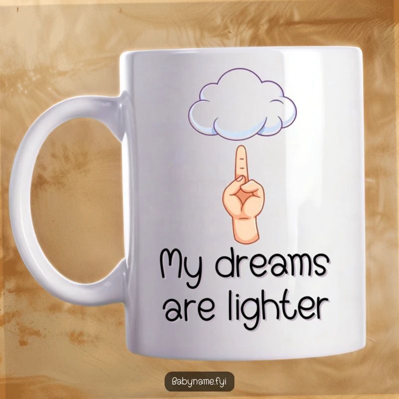 Funny mug featuring a tiny hand reaching upwards towards a soft, fluffy cloud, symbolizing dreams and aspirations.