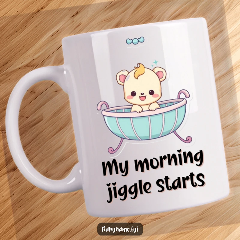 Funny baby animal character joyfully bouncing energetically inside a wooden cradle, smiling widely, perfect funny gift mug.