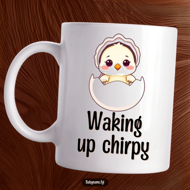 Funny Baby Bird Mug featuring a cute baby bird in a bonnet, peeking out of an egg, representing new life and adorable humor.