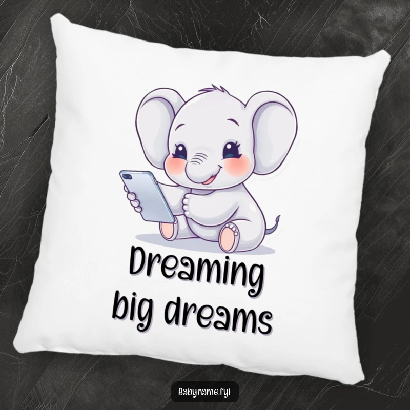 Funny Pillow featuring a smiling baby elephant reaching for a mobile, providing soft comfort and a dose of adorable humor.
