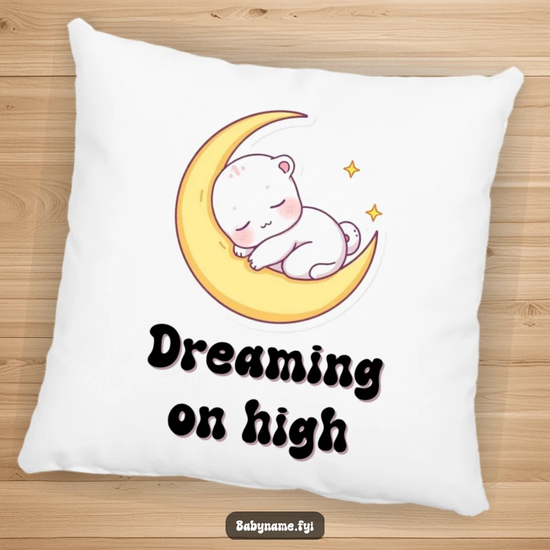Funny pillow featuring a sleepy baby animal character nestled cozily within a crescent moon, offering comfort and dreamy vibes.