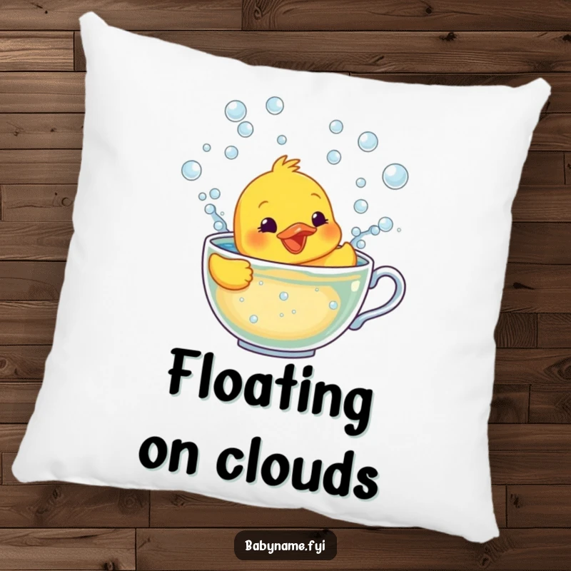 Funny pillow with a smiling rubber ducky character frantically swimming in a teacup filled with bubbles, perfect for cozying up.