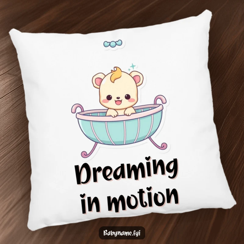 Funny baby animal character in a playful bouncing action within a cradle, soft and cuddly funny pillow.