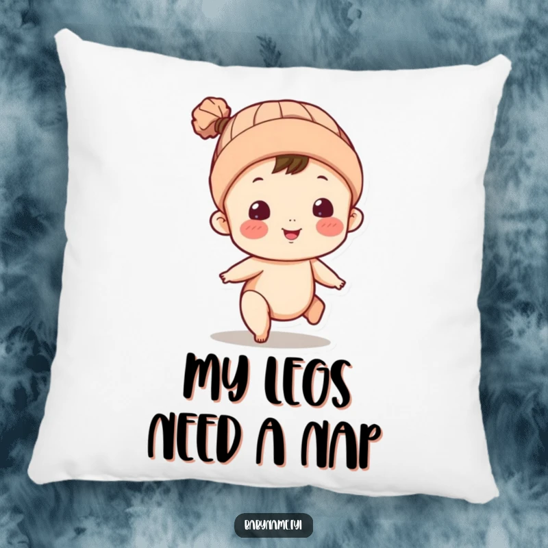 Funny pillow featuring a baby character in a knitted cap, kicking legs with glee. Soft and humorous decor.
