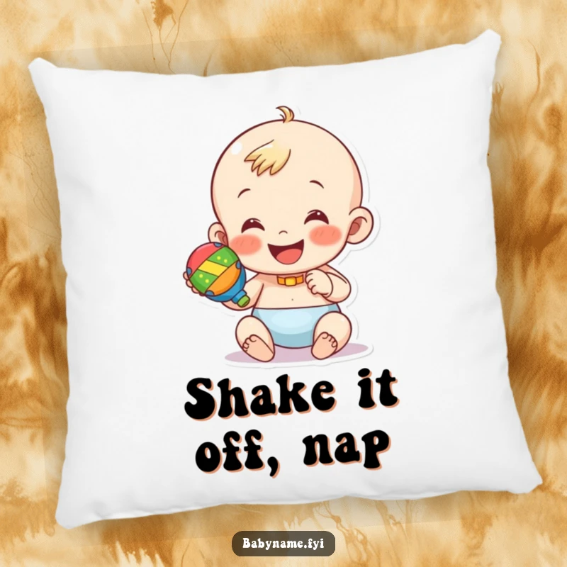 Funny pillow featuring a happy baby character holding and shaking a colorful rattle. Soft and joyful decor.