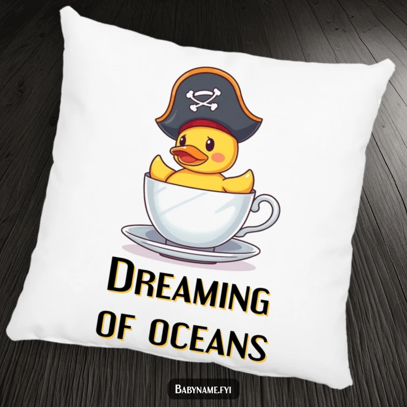 Funny Pillow: A tiny pirate rubber duck navigates a teacup, bringing nautical whimsy and humorous comfort to your favorite relaxation spot.