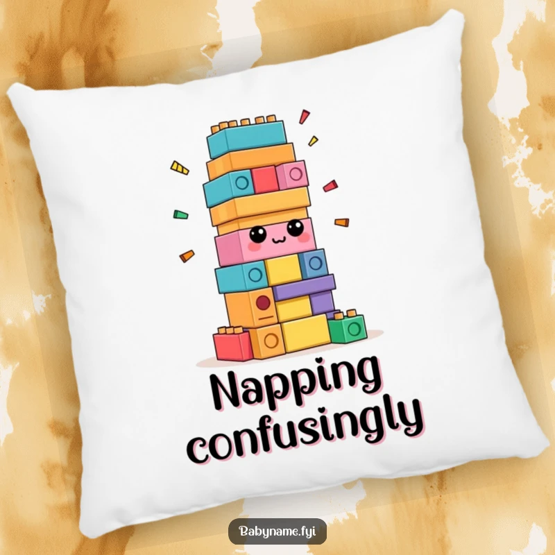 Funny confused building blocks pillow, soft cushion with blocks trying to build themselves, expressing lighthearted befuddlement.