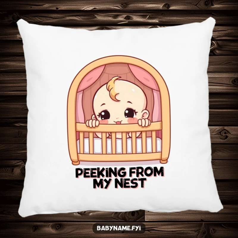 Funny pillow featuring a mischievous baby character peeking from a crib. Soft, cozy, and humorous decor.
