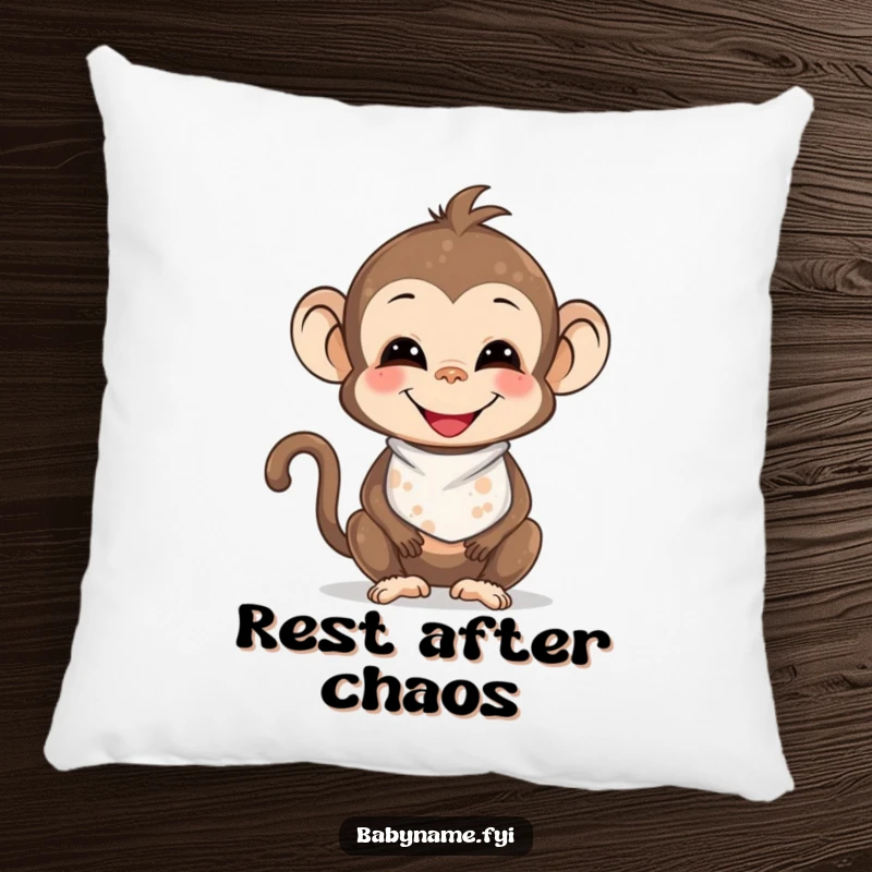 Funny smiling baby monkey wearing a bib, delightfully smudged with food, bringing soft humor and cuteness to this pillow.