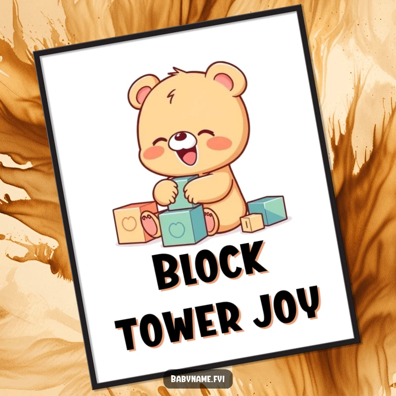 Funny digital art print of a tiny baby bear character giggling while playing with colorful building blocks, a joyful and humorous piece.