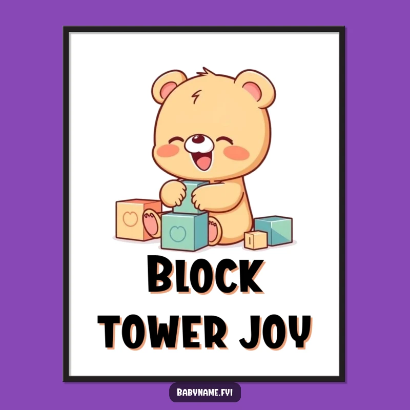 Funny Baby Bear Digital Art, Giggling Cub Blocks Print for Decor