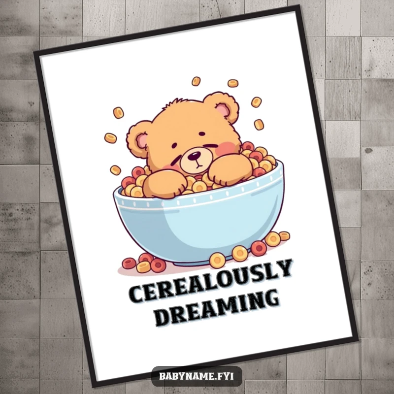 Funny digital art print of a chubby teddy bear character attempting to doze off inside a giant, overflowing bowl of cereal.
